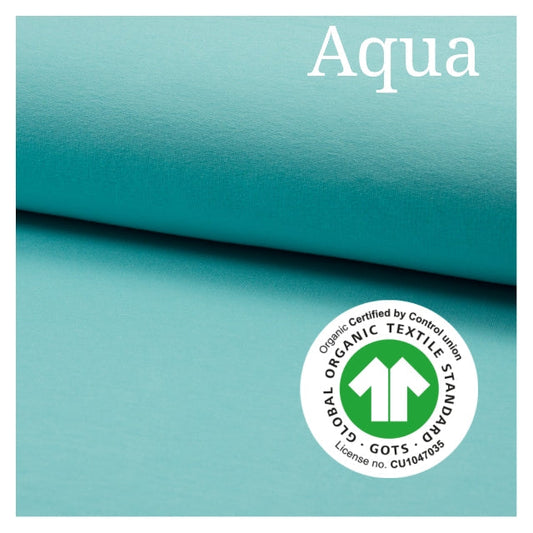 Jersey di cotone ORGANICO certificato GOTS, 95 % cotone 5% elastane, altezza 150 cm aqua