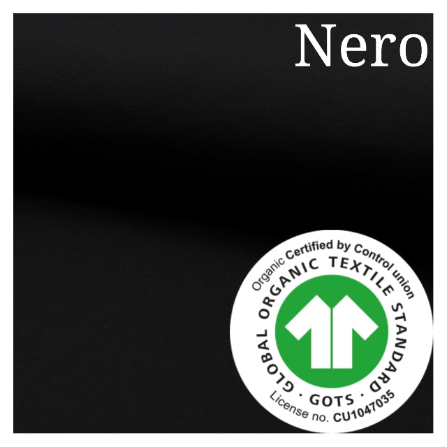 Jersey di cotone NERO, ORGANICO certificato GOTS, 95 % cotone 5% elastane, altezza 150 cm