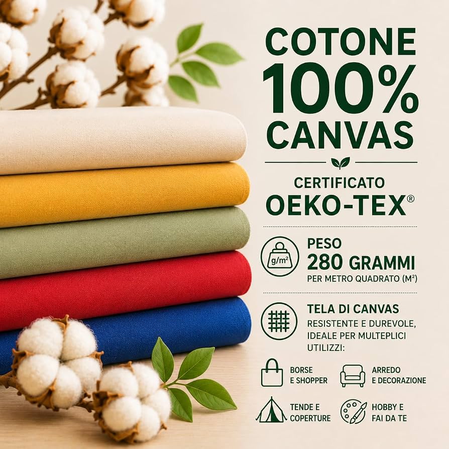 Tessuto Canvas 100% Cotone CELESTE Altezza 146 cm, Canvas Pesante 280 g/m² Certificato OEKO-TEX® per Cucito Creativo e Arredo