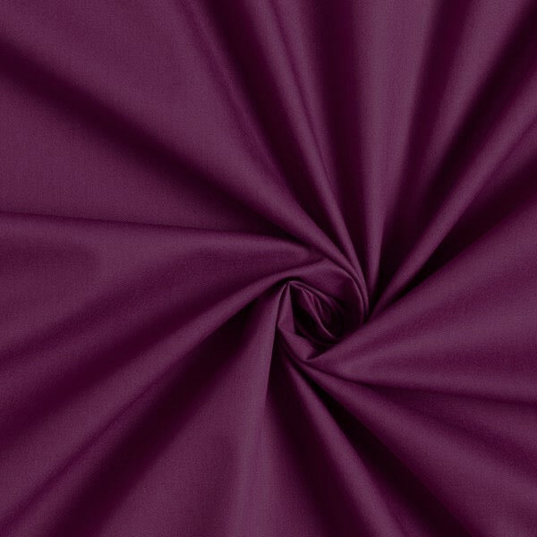 Cotone 100 % popeline certificato Oeko Tex prugna, altezza 146 cm