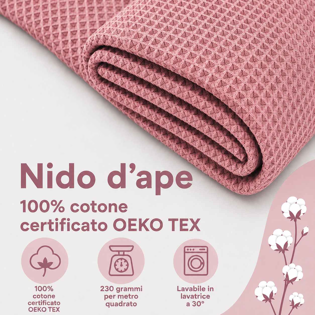 Nido d’ape 100% cotone certificato Oeko Tex altezza 150 cm Rosa antico Malva