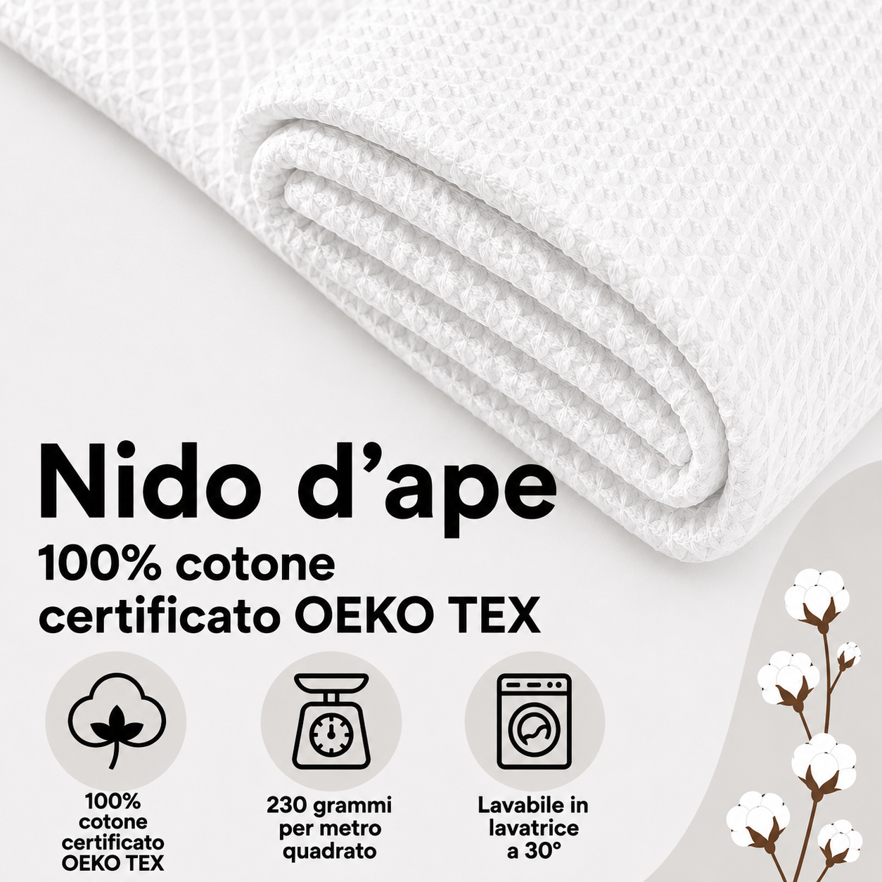 Nido d’ape 100% cotone certificato Oeko Tex altezza 150 cm Bianco
