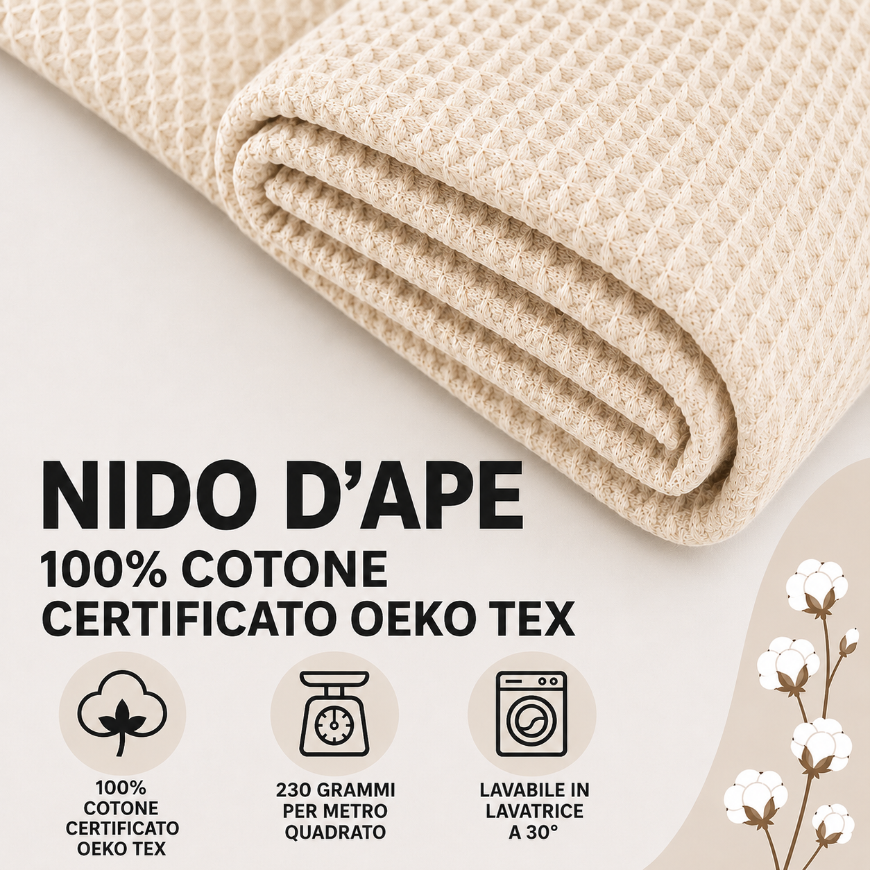 Nido d’ape 100% cotone certificato Oeko Tex altezza 150 cm Beige chiaro