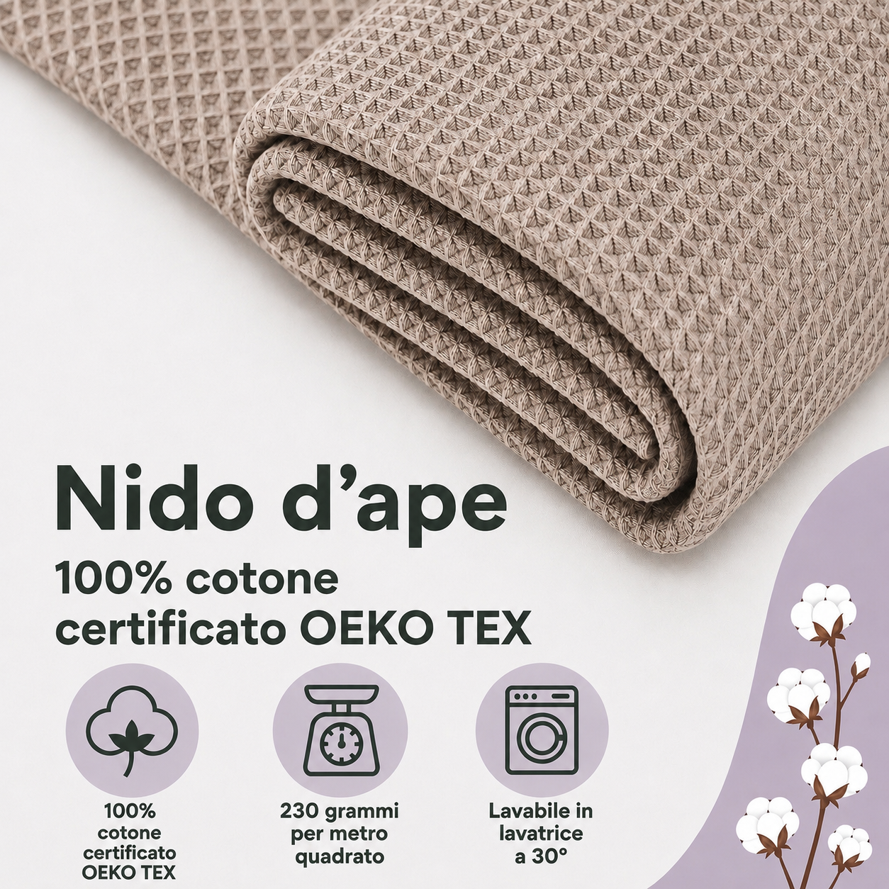 Nido d’ape 100% cotone certificato Oeko Tex altezza 150 cm Dusty