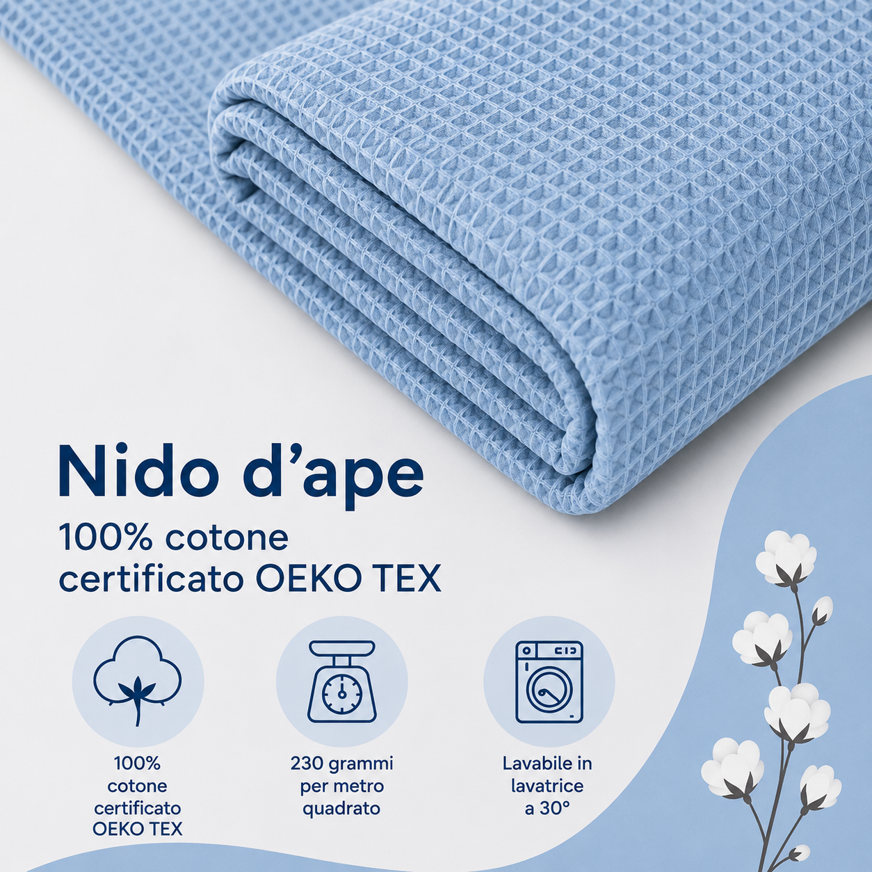 Nido d’ape 100% cotone certificato Oeko Tex altezza 150 cm DUSTY BLU