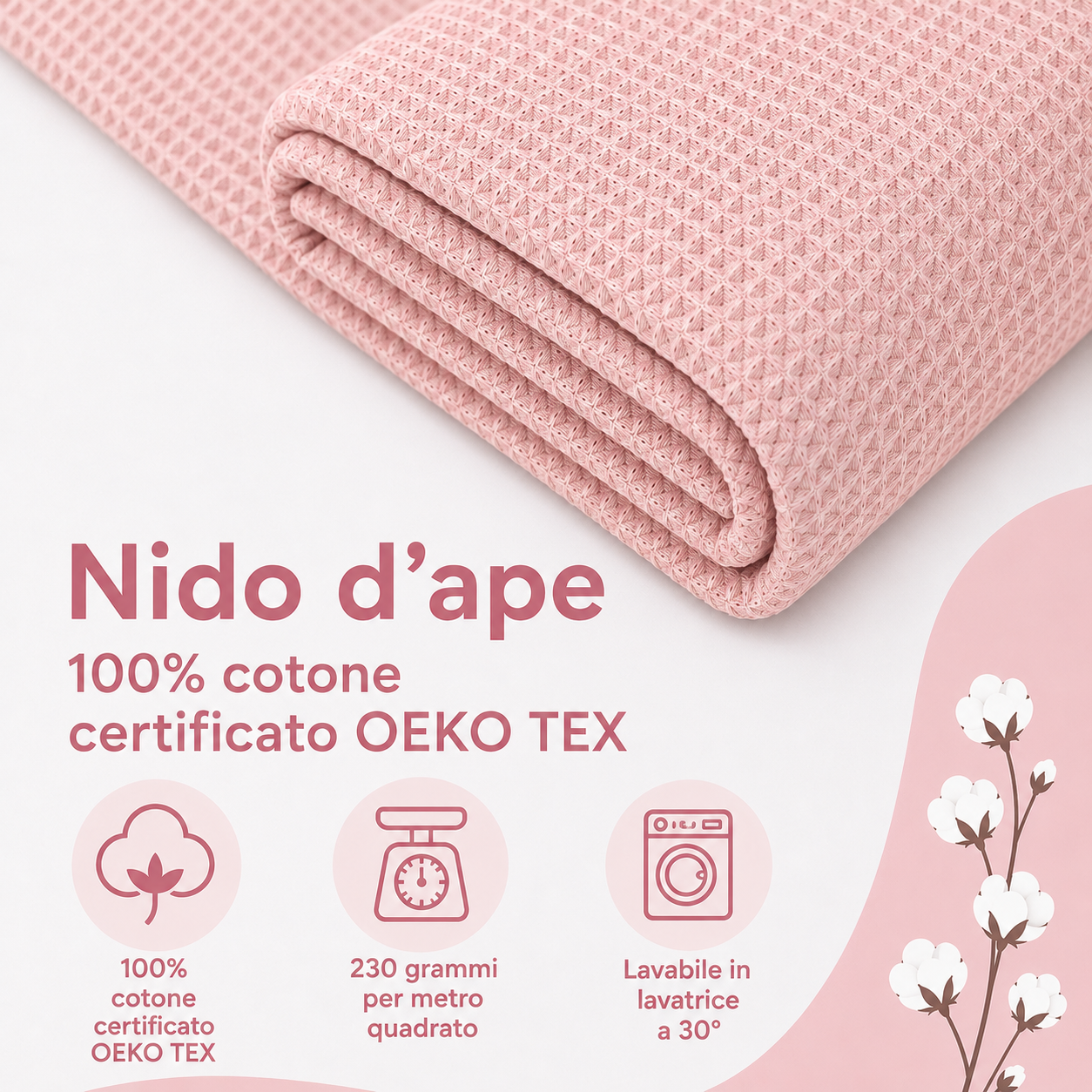 Nido d’ape 100% cotone certificato Oeko Tex altezza 150 cm ROSA CIPRIA