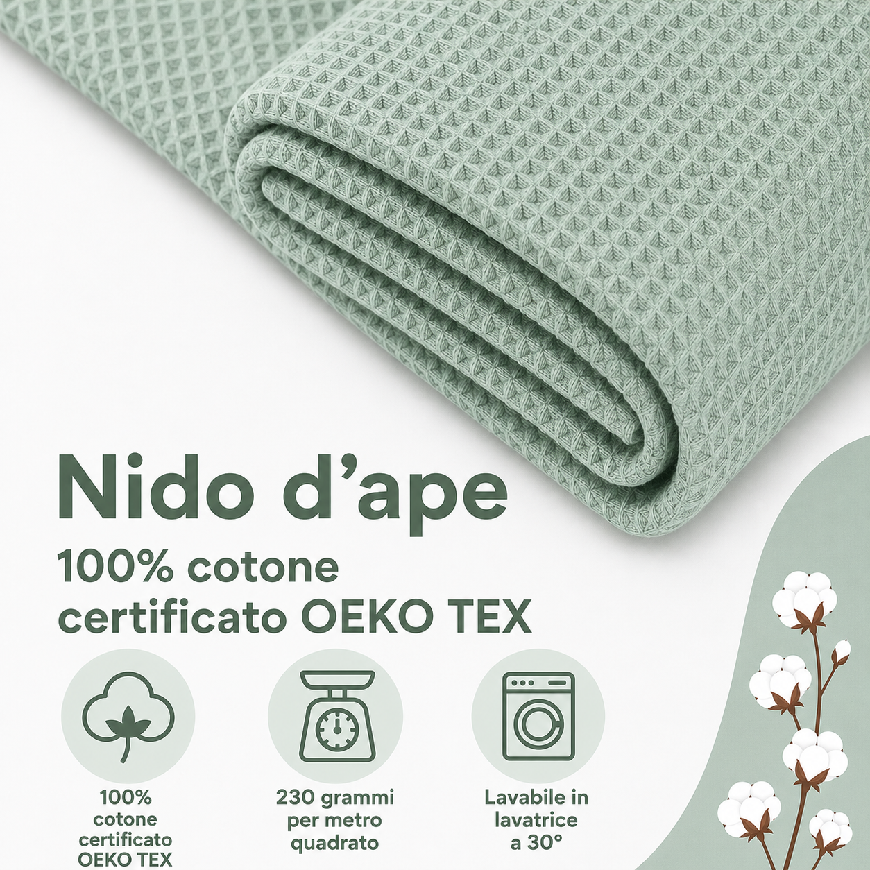 Nido d’ape 100% cotone certificato Oeko Tex altezza 150 cm SALVIA