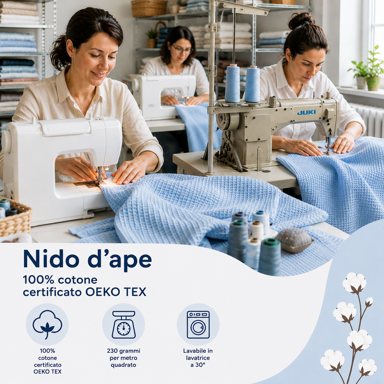 Nido d’ape 100% cotone certificato Oeko Tex altezza 150 cm celeste