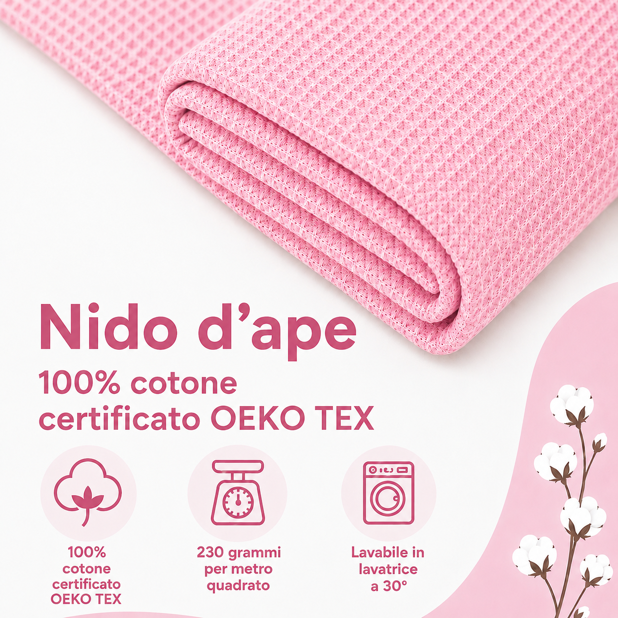 Nido d’ape 100% cotone certificato Oeko Tex altezza 150 cm ROSA BABY