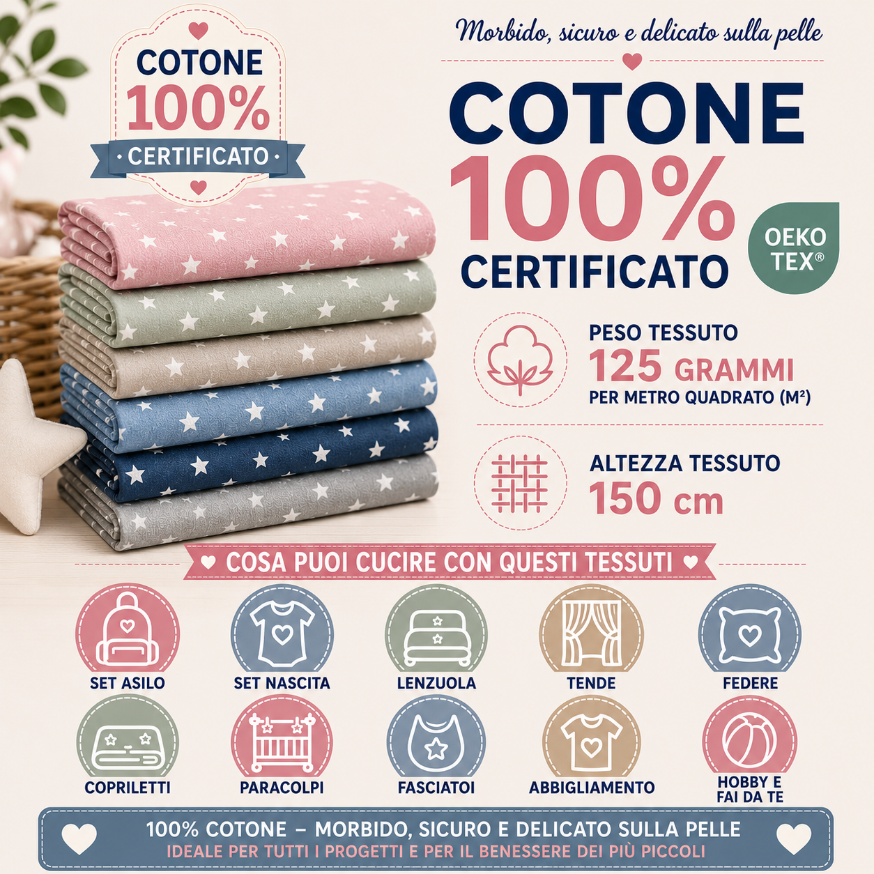 Tessuto 100% Cotone OEKO-TEX® – Stoffa con Stelle Bianche – Altezza 150 cm - Senape