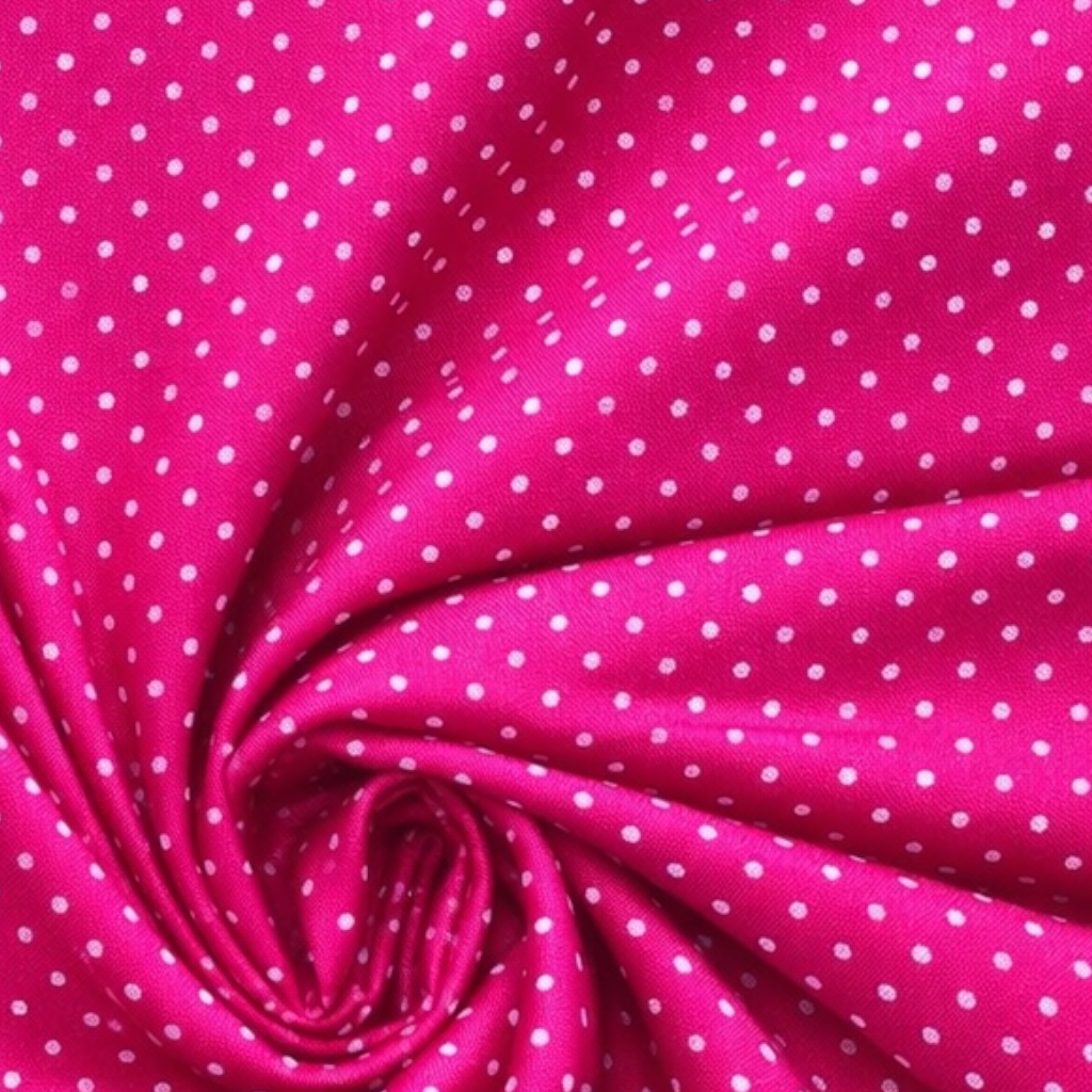 Popeline di cotone 100 % pois bianco/ fucsia, altezza 148 cm