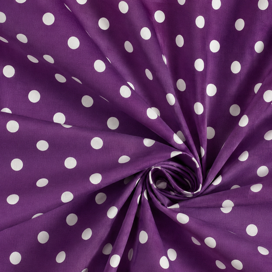 Popeline di cotone 100 % pois bianco/purple, altezza 148 cm
