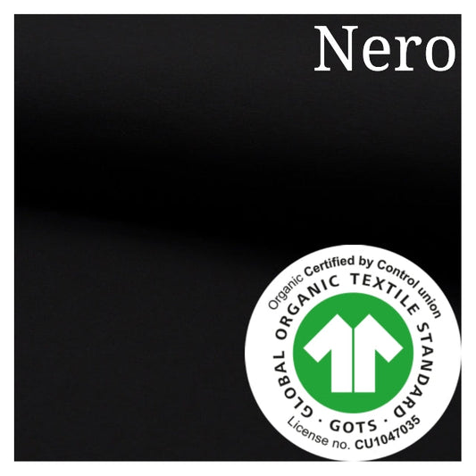 Jersey di cotone NERO, ORGANICO certificato GOTS, 95 % cotone 5% elastane, altezza 150 cm