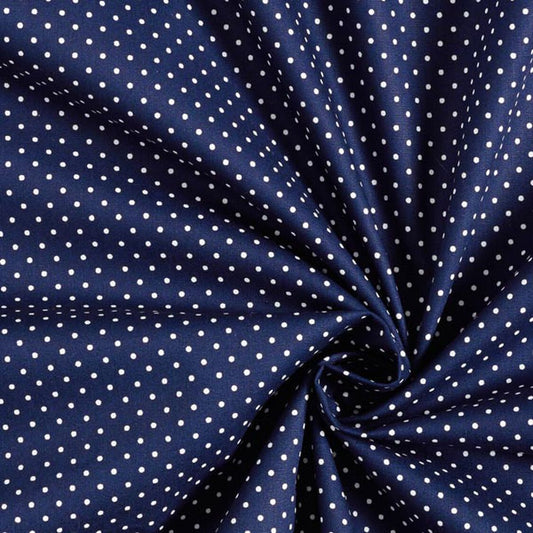 Popeline di cotone 100 % pois bianco/navy, altezza 148 cm