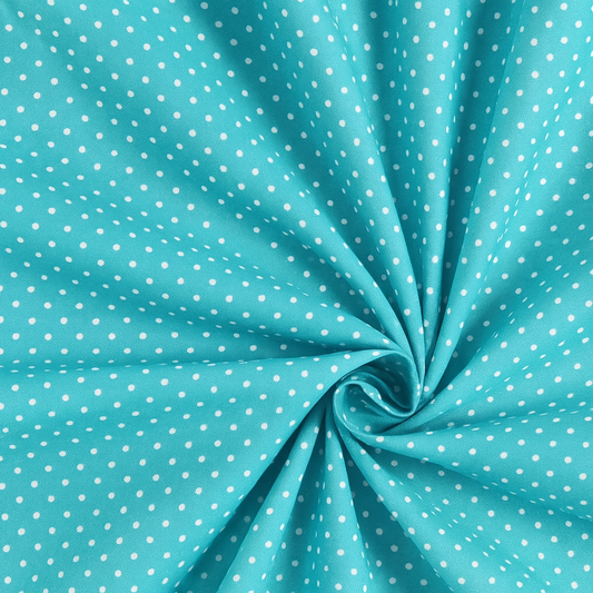 Popeline di cotone 100 % pois bianco/acqua,altezza 148 cm