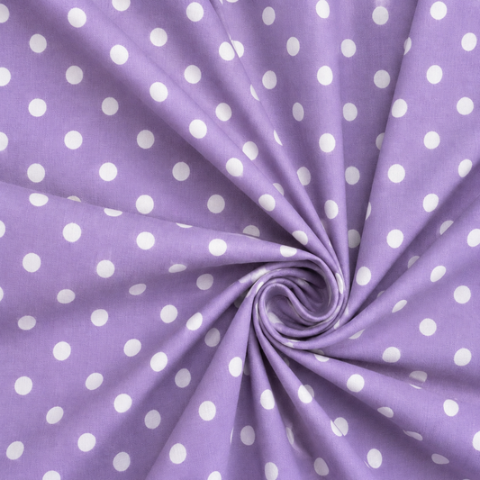 Popeline di cotone 100 % pois bianco/lavanda, altezza 148 cm