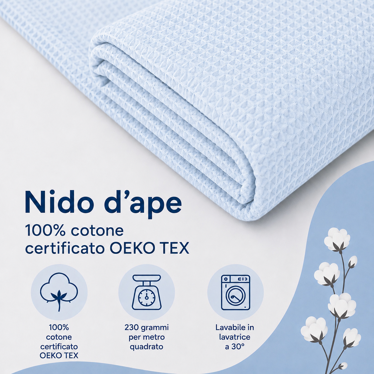 Nido d’ape 100% cotone certificato Oeko Tex altezza 150 cm  CELESTE
