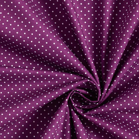 Popeline di cotone 100 % pois bianco/purple, altezza 148 cm