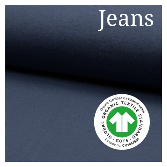 Jersey di cotone JEANS, ORGANICO certificato GOTS, 95 % cotone 5% elastane, altezza 150 cm