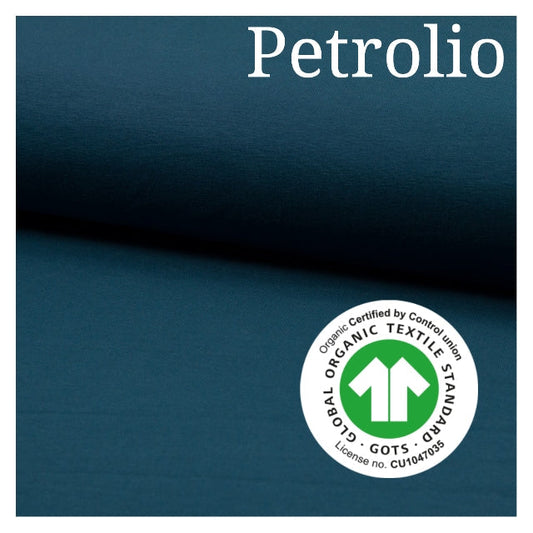 Jersey di cotone PETROLIO, ORGANICO certificato GOTS, 95 % cotone 5% elastane, altezza 150 cm