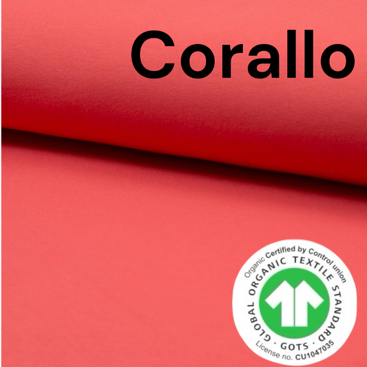 Jersey di cotone CORALLO, ORGANICO certificato GOTS, 95 % cotone 5% elastane, altezza 150 cm