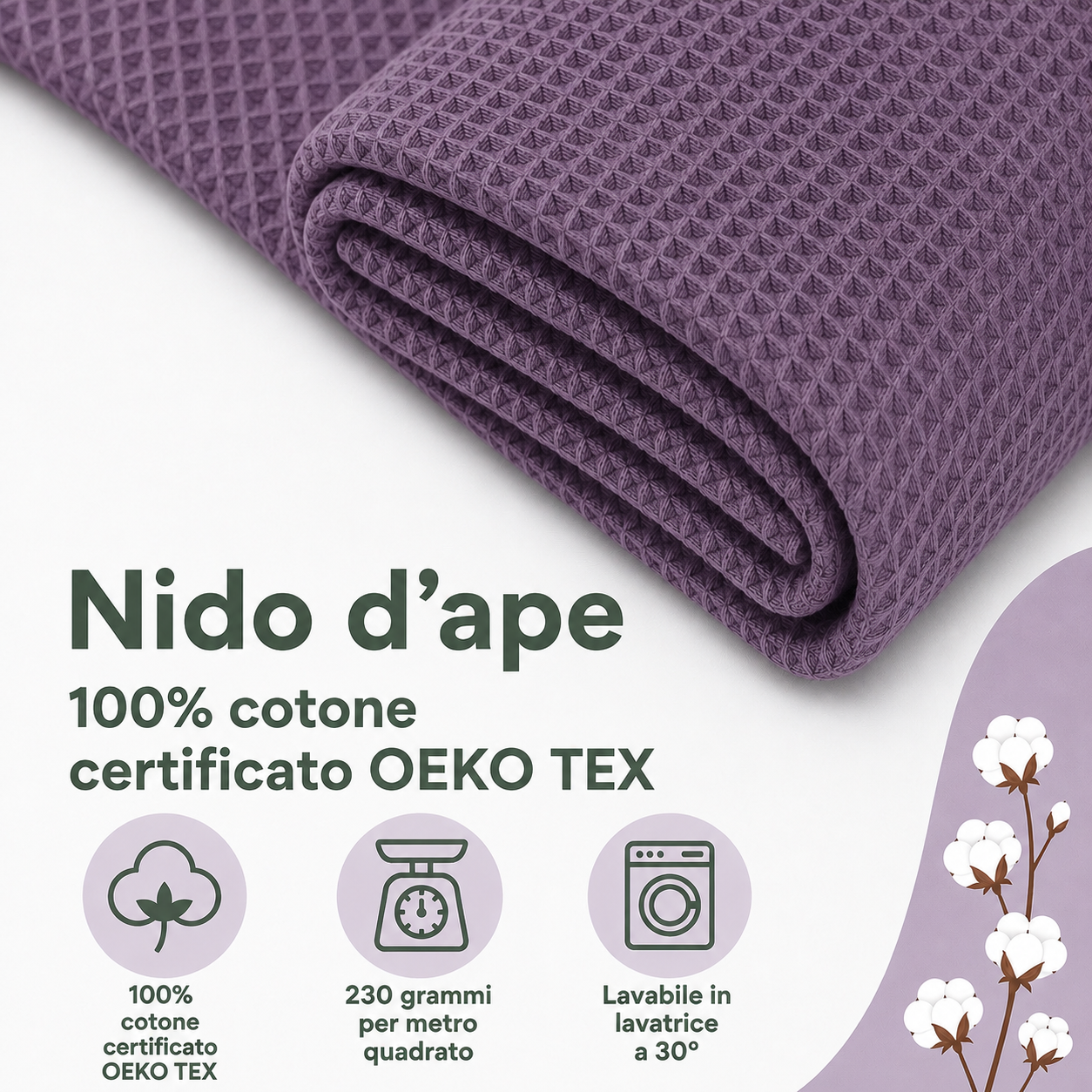 Nido d’ape 100% cotone certificato Oeko Tex altezza 150 cm Purple