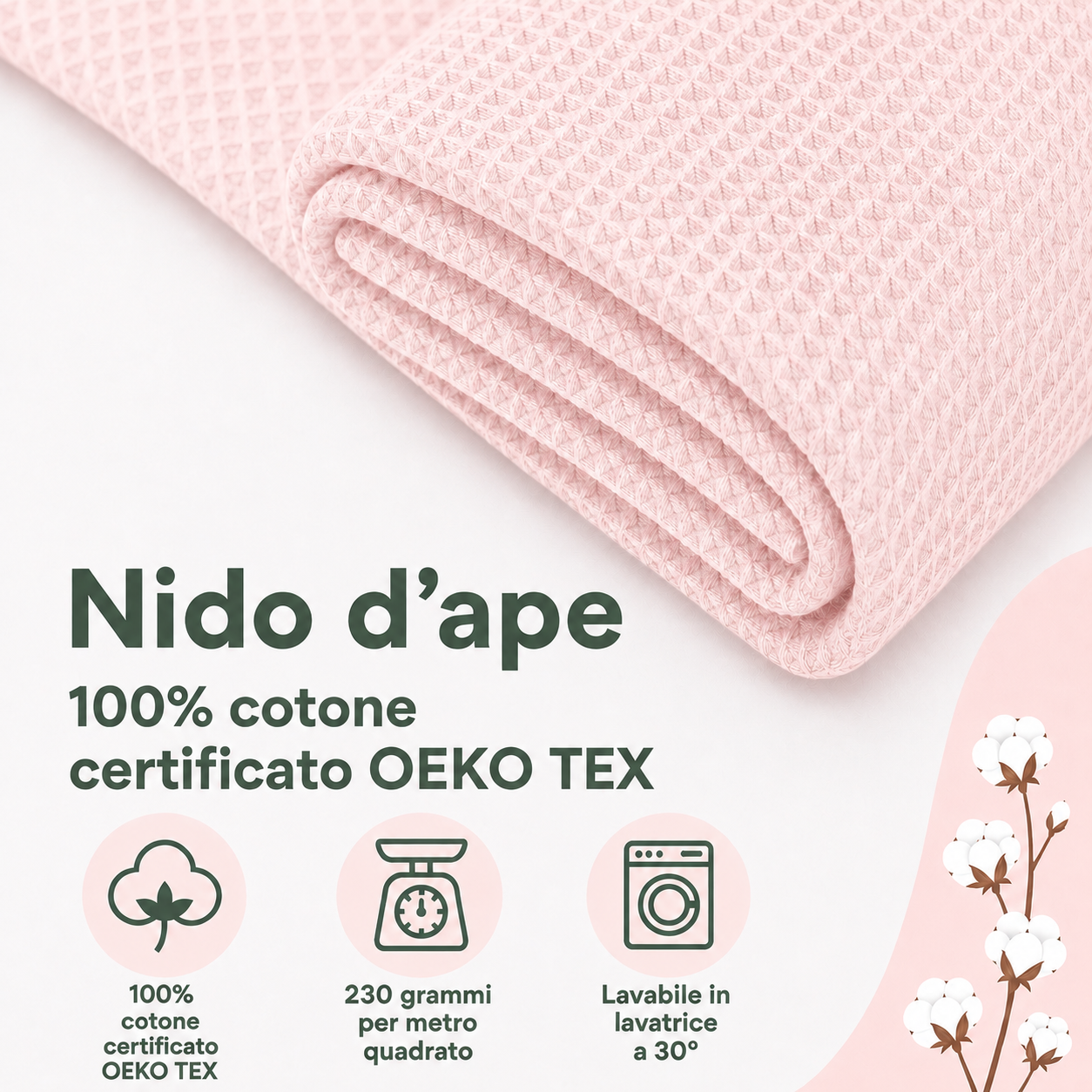 Nido d’ape 100% cotone certificato Oeko Tex altezza 150 cm  Rosé chiaro