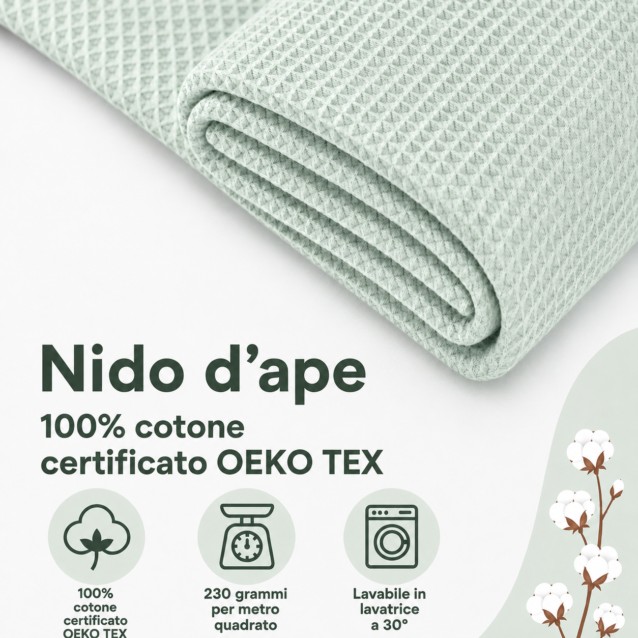 Nido d’ape 100% cotone certificato Oeko Tex altezza 150 cm SALVIA CHIARO