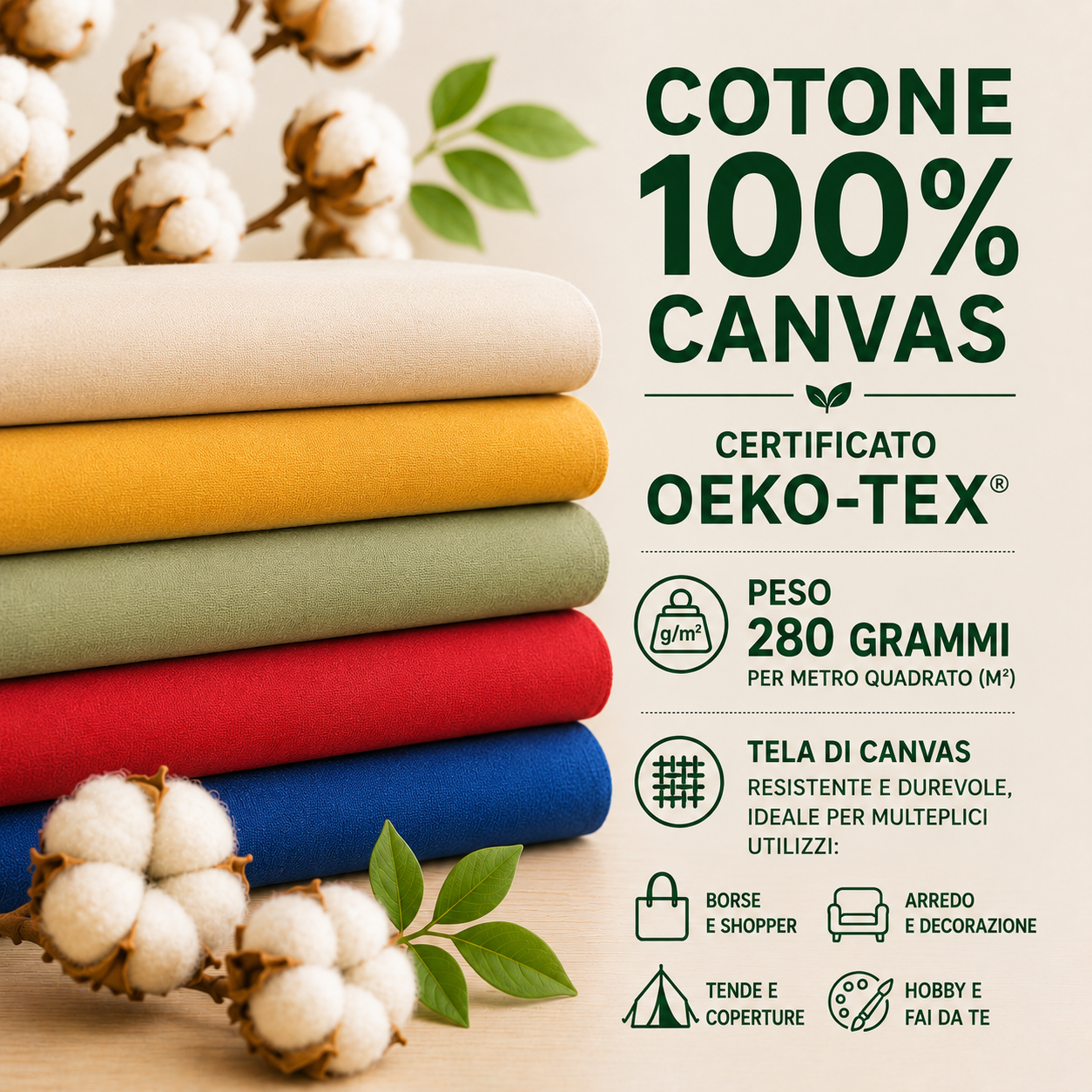 Tessuto Canvas 100% Cotone Beige Chiaro – Altezza 146 cm, Canvas Pesante 280 g/m² Certificato OEKO-TEX® per Cucito Creativo e Arredo