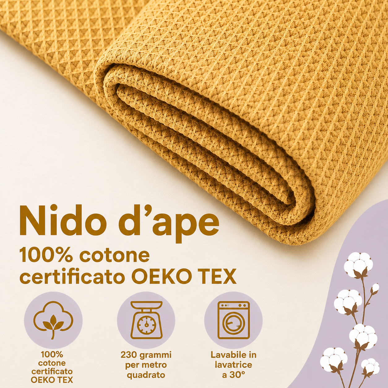 Nido d’ape 100% cotone certificato Oeko Tex altezza 150 cm Senape