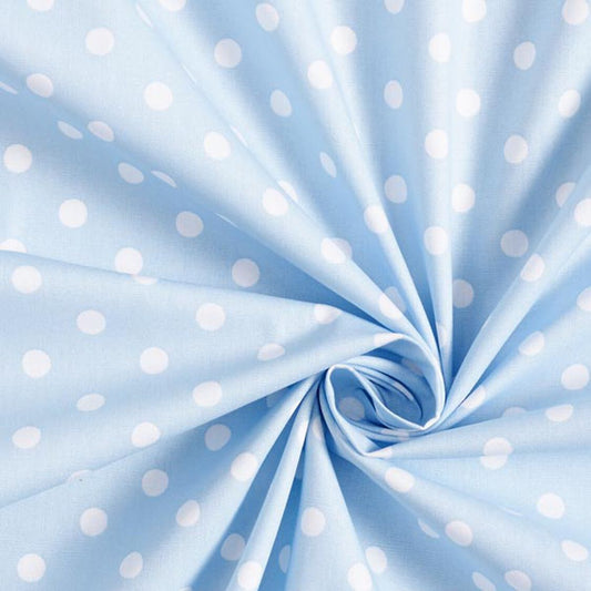 Popeline di cotone 100 % pois bianco/celeste, altezza 148 cm